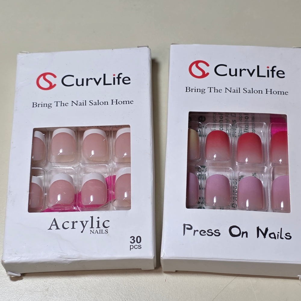 CurvLife Press On Acrylic Nails Set 2pk French Tip & Red Pink Ombre 30pc Ea NEW